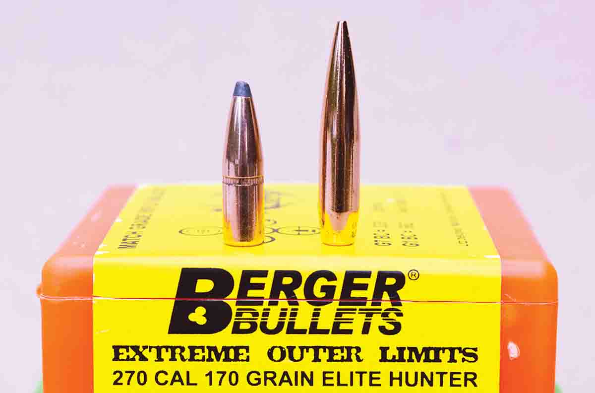 The .270 Winchester has always been most popular with the 130-grain bullet (left), while modern shooters desire heavy-for-caliber bullets with a high BC, such as the Berger 170-grain Elite Hunter (right). The latter requires a fast twist for proper stabilization.